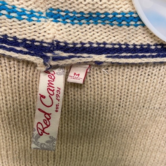 Red Camel Tan Open Front Sweater Cascading Waterfall Blue Stripes Fringes Aztec - Picture 7 of 16